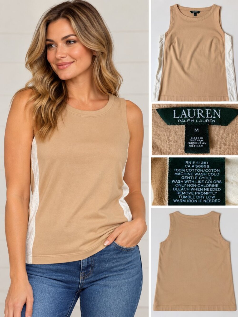 Lauren Ralph Lauren Tan White Colorblock Sleeveless Tank Top Medium